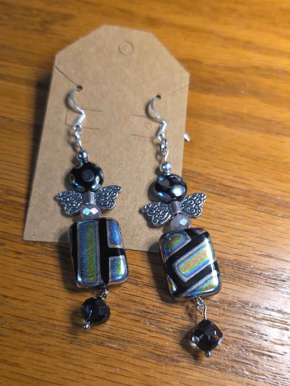 Handcrafted Black Iridescent Glass Dangle Earrings - Angel Wing Accent